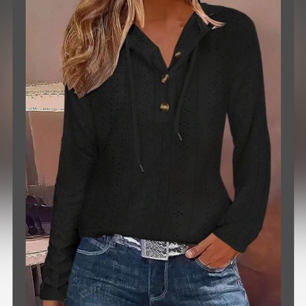 NWT Black 1/2 Button-Up hooded long sleeve Top